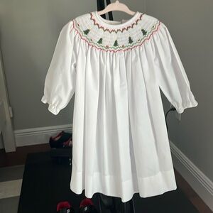 Christmas Trees White Long Sleeve Smocked Bishop